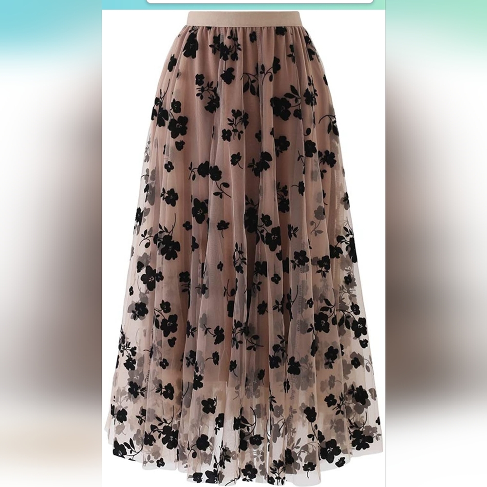 Beautiful Caramel/Black 3D Posy Double-Layered Mesh Midi Skirt XL Stretch waist